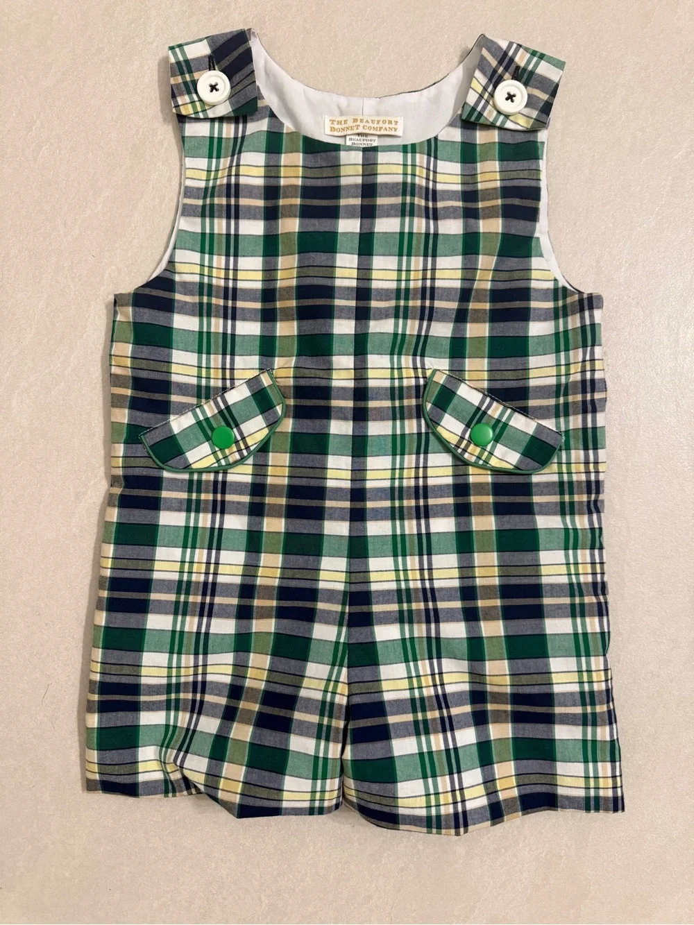The Beaufort Bonnet Company green plaid Prescott Pocket Jon Jon 12-18M